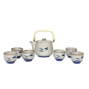 Vintage Otagiri Seagull Teapot and 6 Teacups Japanese Stoneware Coastal Theme